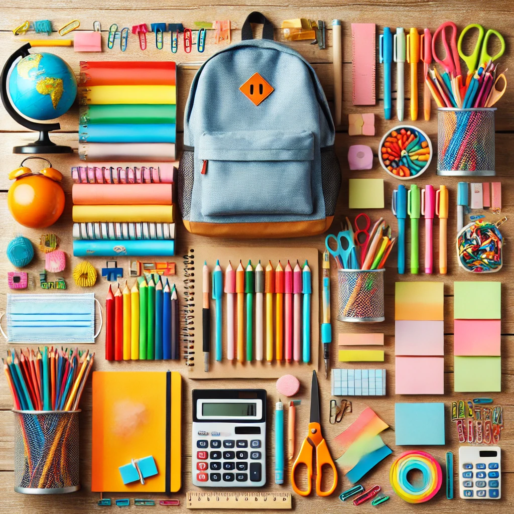 Neatly arranged school supplies on a wooden desk, including notebooks, pencils, pens, markers, a ruler, an eraser, scissors, a calculator, paper clips, sticky notes, and a backpack.